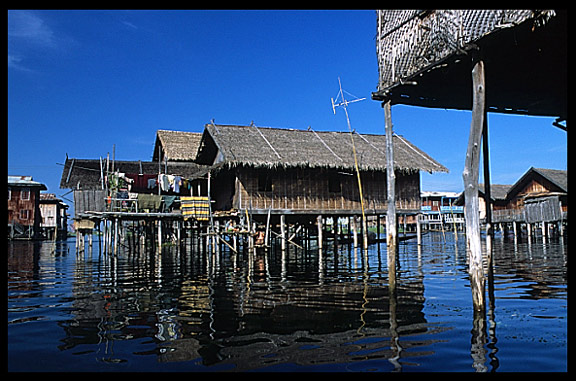 Houses on stilts in one of the floating villages in Inle Lake.